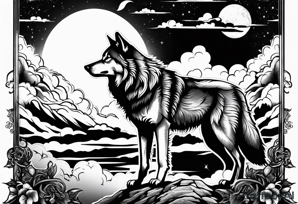 Wolf moon cross clouds tattoo idea