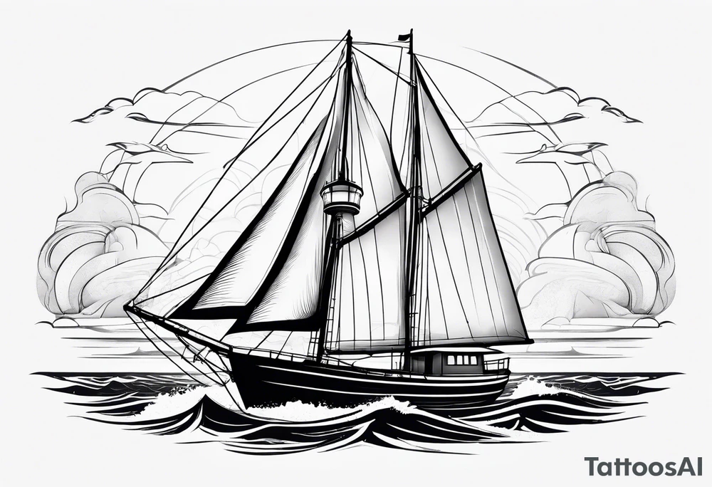 maritime lighthouse in a front view sailboat serving as a mast for a sail. tattoo idea