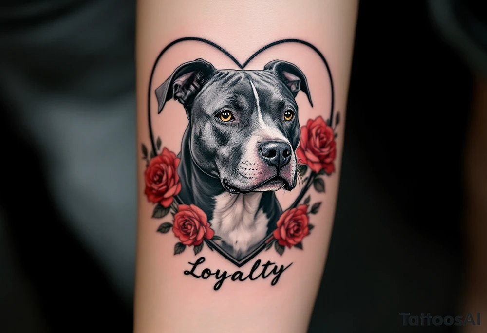 Pitbull in a heart-shaped frame, classic black and gray portrait with red roses and script reading “Loyalty” underneath. tattoo idea