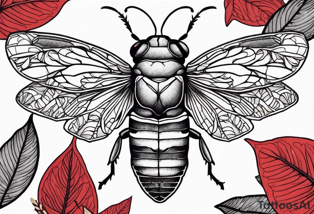 cicada on top of red leaves tattoo idea