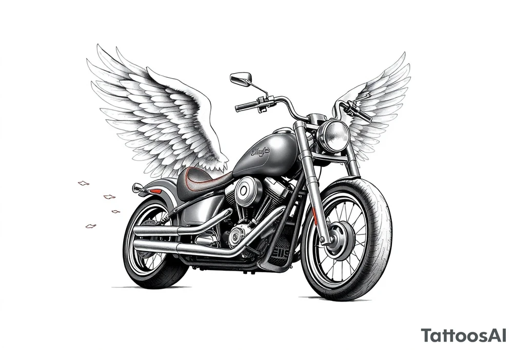 Low rider grey motorcycle, big muffler pipes with flames, angel wings, driving away, no person tattoo idea