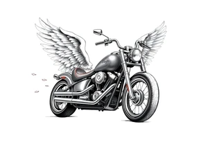 Low rider grey motorcycle, big muffler pipes with flames, angel wings, driving away, no person tattoo idea