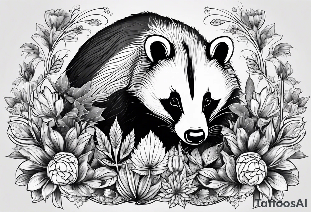 A badger with a cub in a field of flowers, including a cannabis leaf realistic in center and getting more trippy and black towards the edges Fractal patterns included tattoo idea
