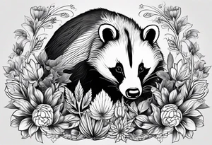 A badger with a cub in a field of flowers, including a cannabis leaf realistic in center and getting more trippy and black towards the edges Fractal patterns included tattoo idea