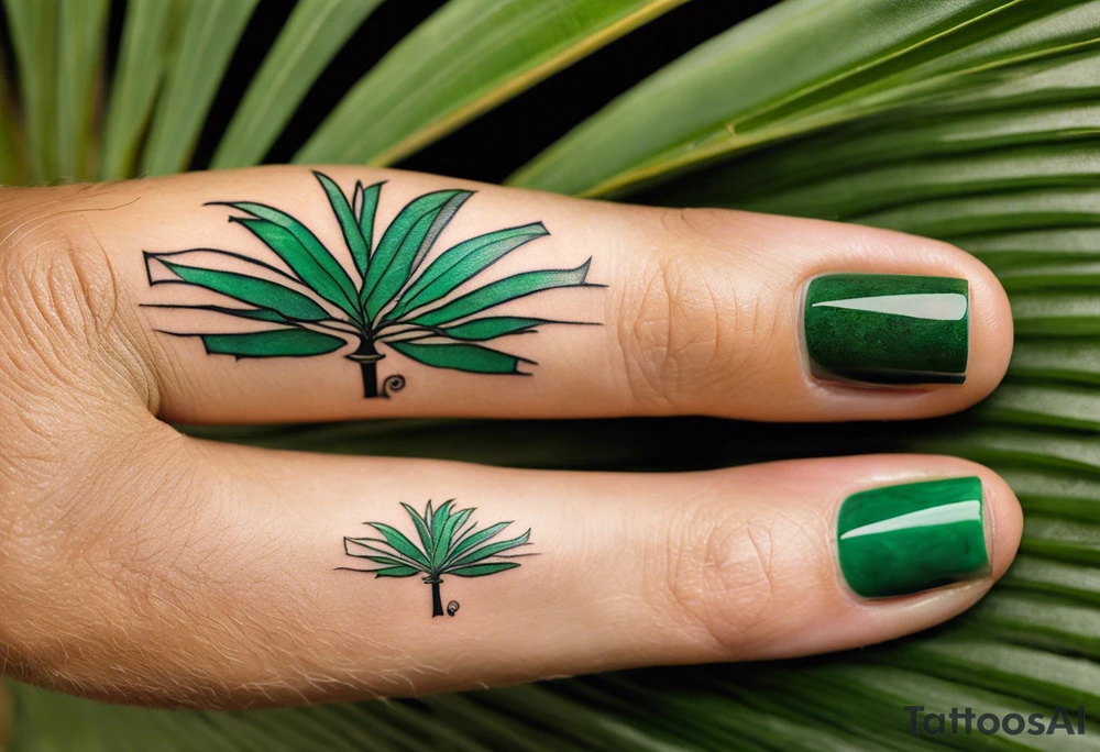 Tattoo: A striking Gachala emerald sits at the base of a tall quindio wax palm, which grows resiliently from cracks in rugged, rocky soil. The emerald is the main focal point, symbolizing strength and endurance, while the wax palm, rooted in the soil’s crevices, represents growth and resilience. A small water stream flows gently from the rocks, adding an element of life and nourishment. Style: Minimalist. tattoo idea