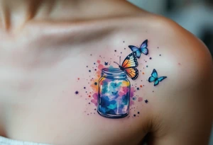 A multicolored butterfly breaking free from a jar symbolizes transformation and personal liberation. tattoo idea