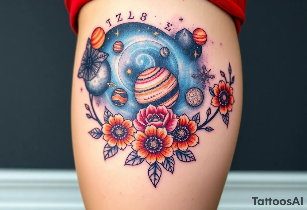 Milky way galaxy with planets with zodiac symbols and protection runes with red roses and sunflowers tattoo idea