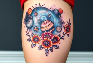 Milky way galaxy with planets with zodiac symbols and protection runes with red roses and sunflowers tattoo idea