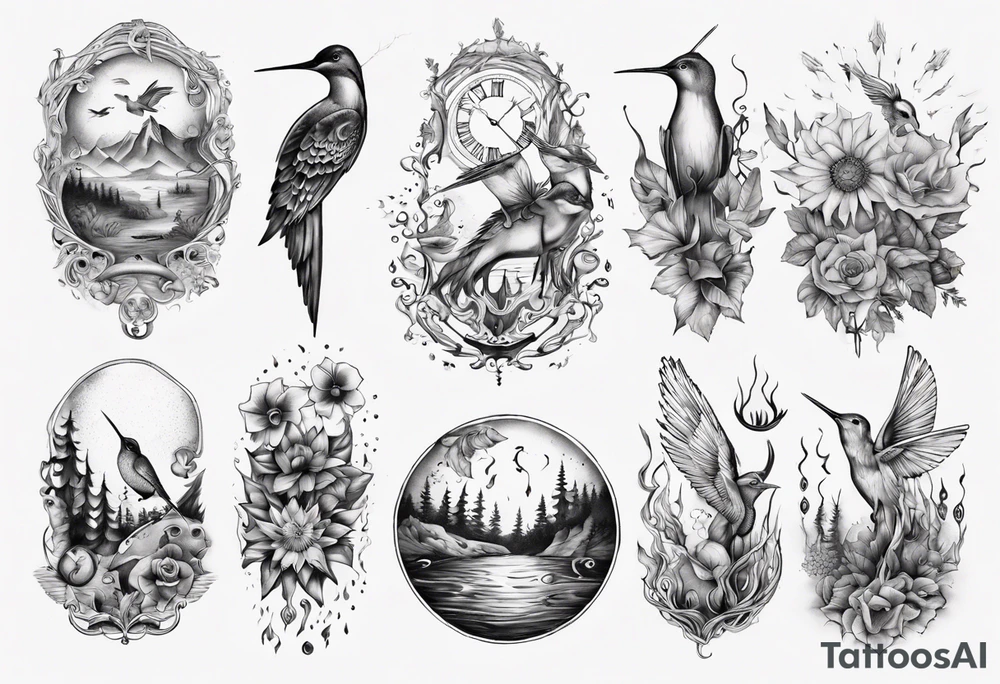 Wasser, Nymphe, Fisch, Hirsch, Wald, Waffe, Sonne, Kolibri tattoo idea