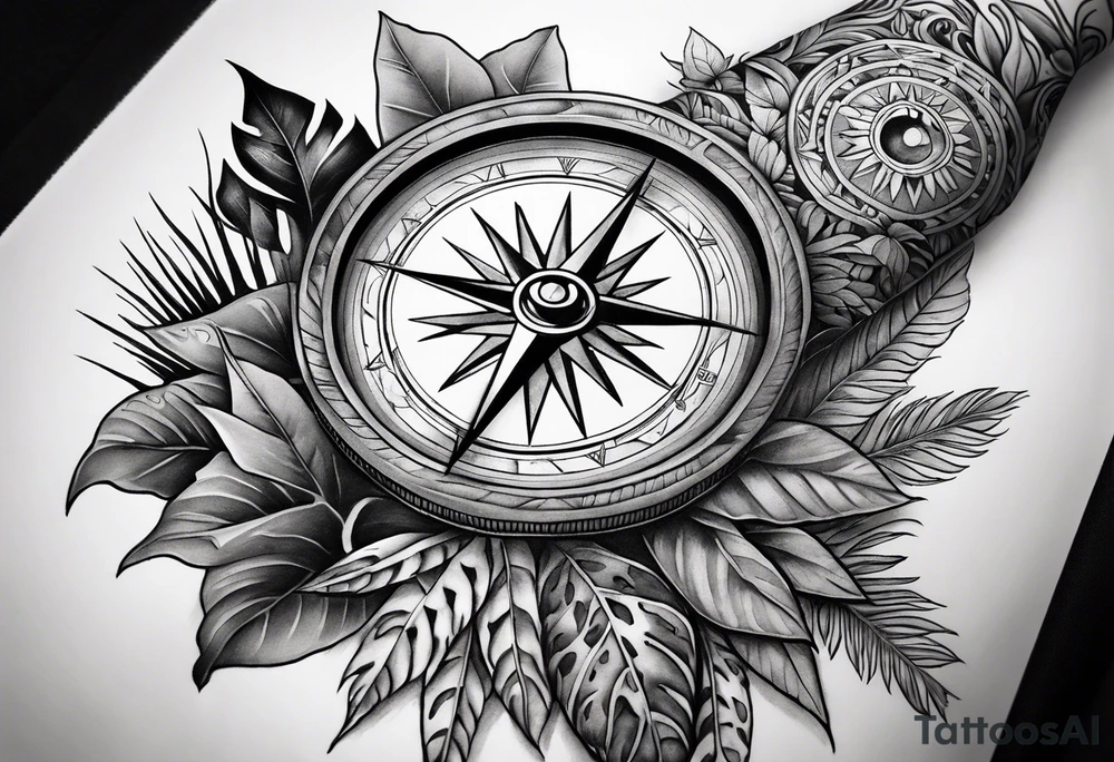 full arm sleeve tattoo with Vigvisir compass and all-seeing eye surrounded by jungle plants tattoo idea