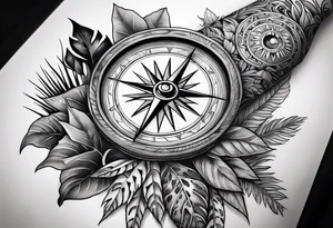full arm sleeve tattoo with Vigvisir compass and all-seeing eye surrounded by jungle plants tattoo idea