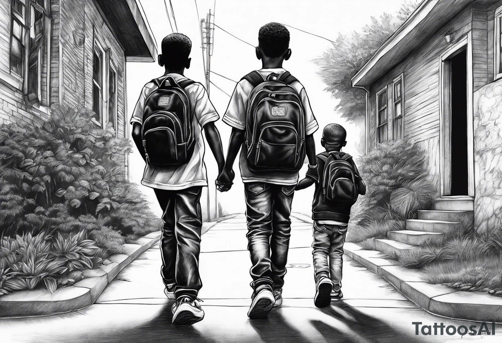 three black school age brothers walking away together down a street full bodies and you can see the side of one of their faces tattoo idea