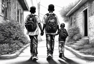 three black school age brothers walking away together down a street full bodies and you can see the side of one of their faces tattoo idea