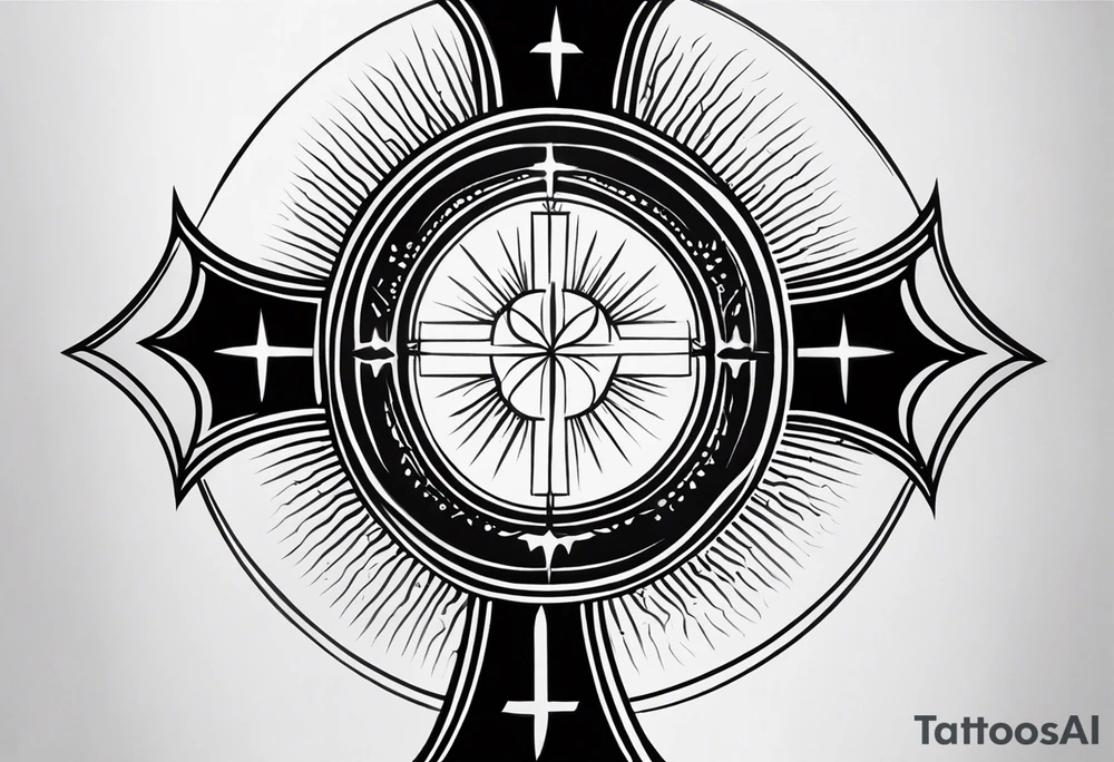 Minimalist Tattoo: A refined cross with a soft halo on top of it, symbolizing light and spirituality. Delicate rays extend outward from the halo, adding a subtle glow and depth. The cross itself is simple and elegant, with potential for small, intricate line details within the design. Style: Minimalist. tattoo idea
