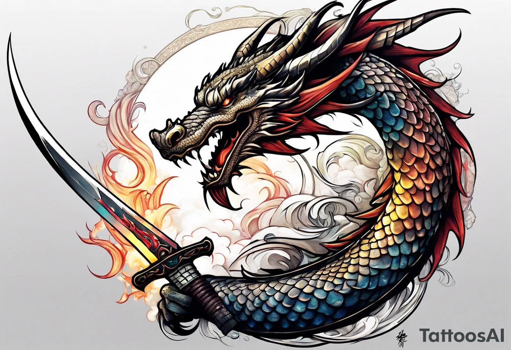 dragon around a katana sword tattoo idea