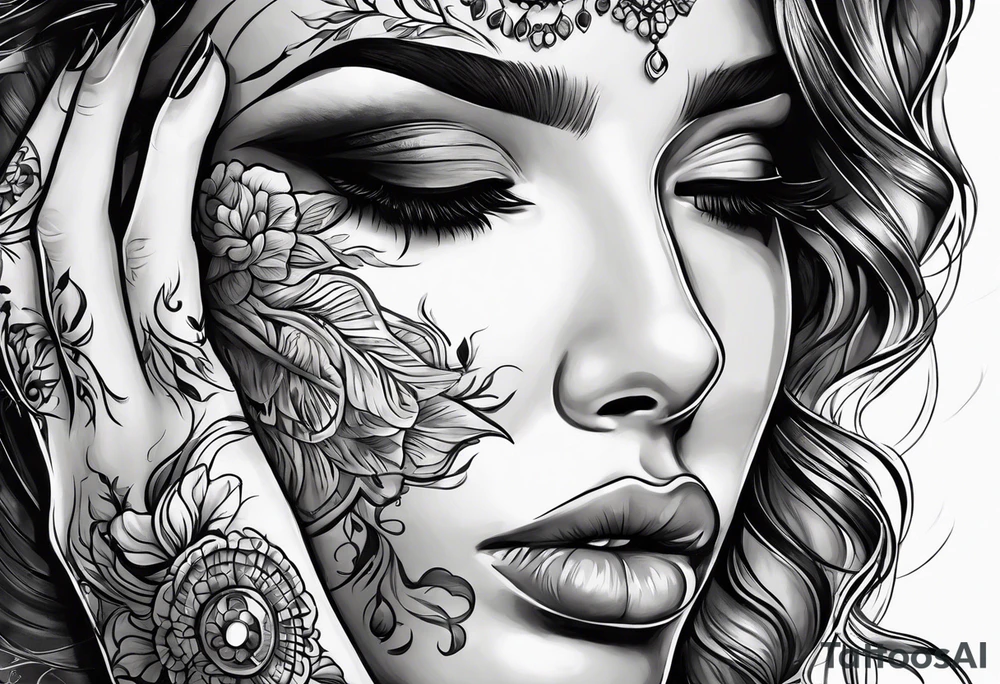 Woman closes one of her eyes. Fingers are on the face tattoo idea