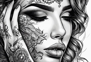 Woman closes one of her eyes. Fingers are on the face tattoo idea