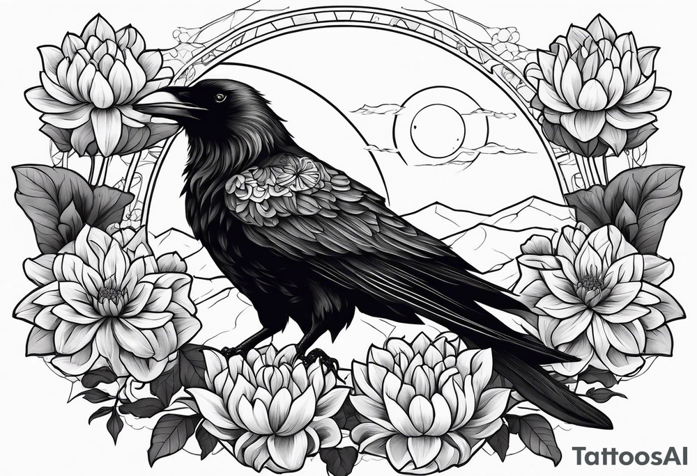 Perched crow surrounded by dahlia flowers with a moon in the background tattoo idea