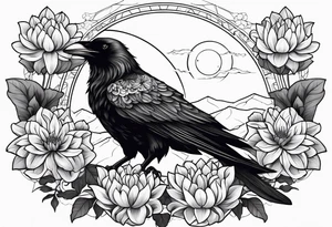 Perched crow surrounded by dahlia flowers with a moon in the background tattoo idea