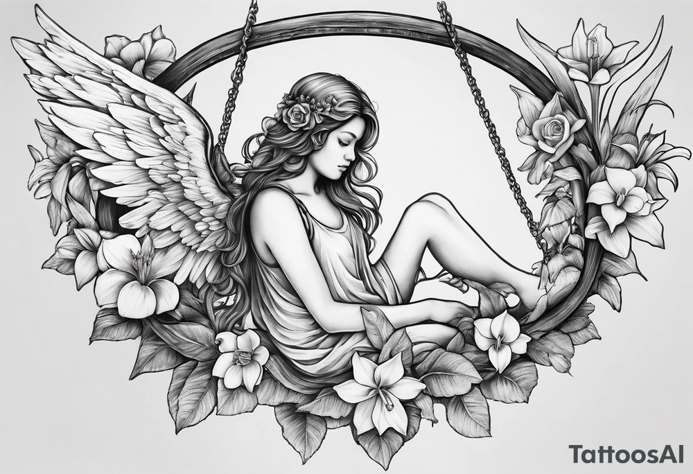 sad angel on swing from behind with sagging wings, with head down with face covered by hair surrounded by lily, daffodil, rose, daisy, narcissus tattoo idea