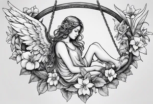 sad angel on swing from behind with sagging wings, with head down with face covered by hair surrounded by lily, daffodil, rose, daisy, narcissus tattoo idea
