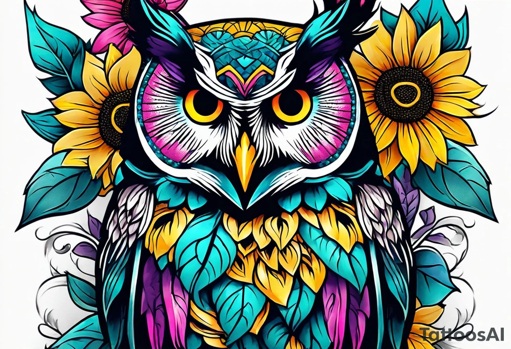 Leg Sleeve with teal, pink and purple owl and yellow sunflowers tattoo idea