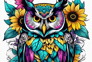 Leg Sleeve with teal, pink and purple owl and yellow sunflowers tattoo idea