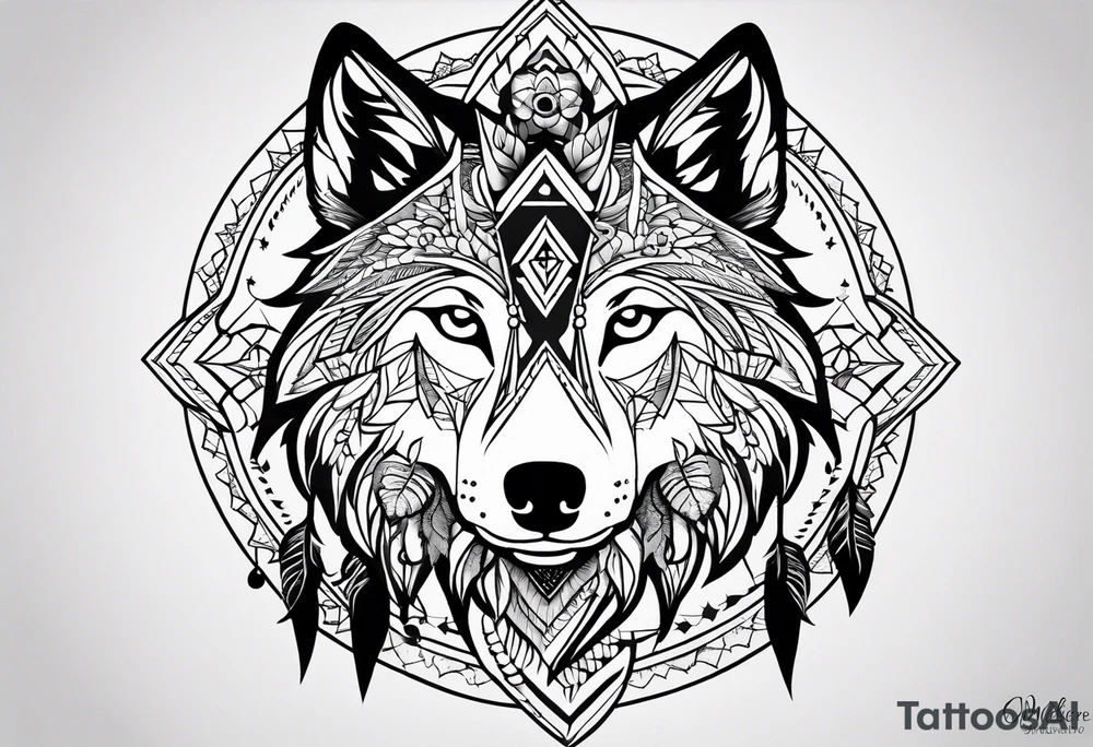 A whimsical wolf tattoo featuring mandala or dream catcher elements, with the wolf as the central focus. Show the wolves whole body standing surrounded by mountains in the background. Include flowers and nature elements to fill the space around the wolf. Some color but not completely solid bold color tattoo idea