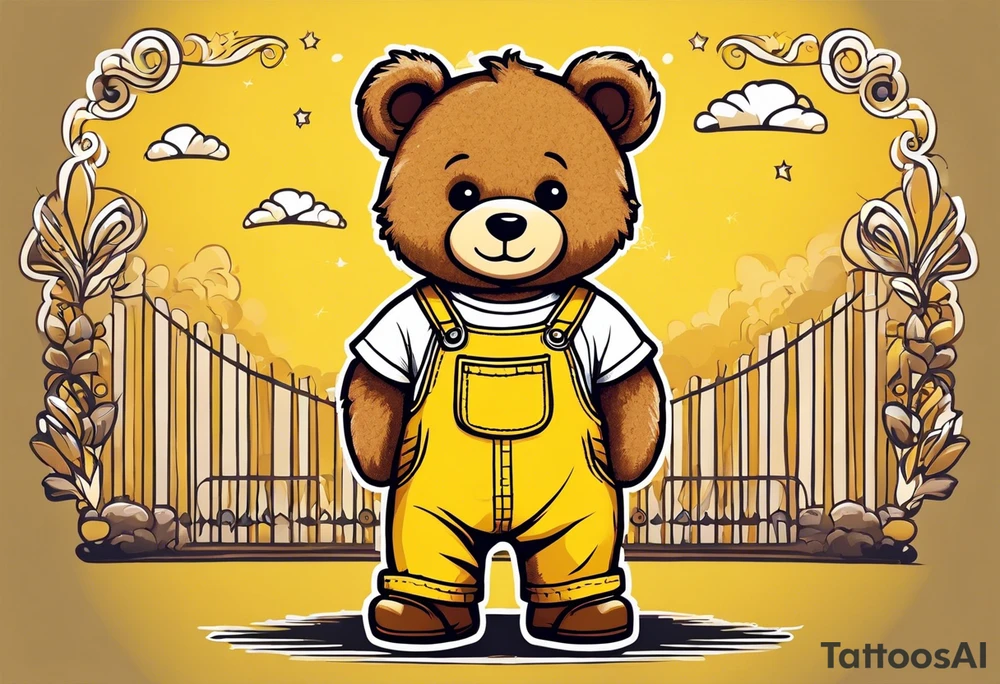 the image of the back of a light brown teddy bear standing in yellow overalls, white tank top, striped boots and holding his left arm up tattoo idea