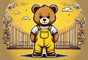 the image of the back of a light brown teddy bear standing in yellow overalls, white tank top, striped boots and holding his left arm up tattoo idea