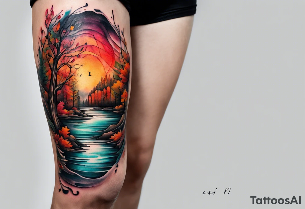 Knee tattoo in fall colors with water flow washes tattoo idea