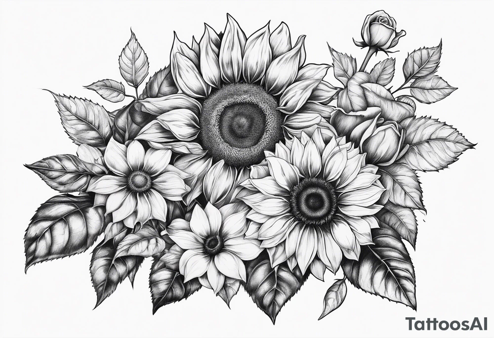Sunflower, rose flower tattoo idea