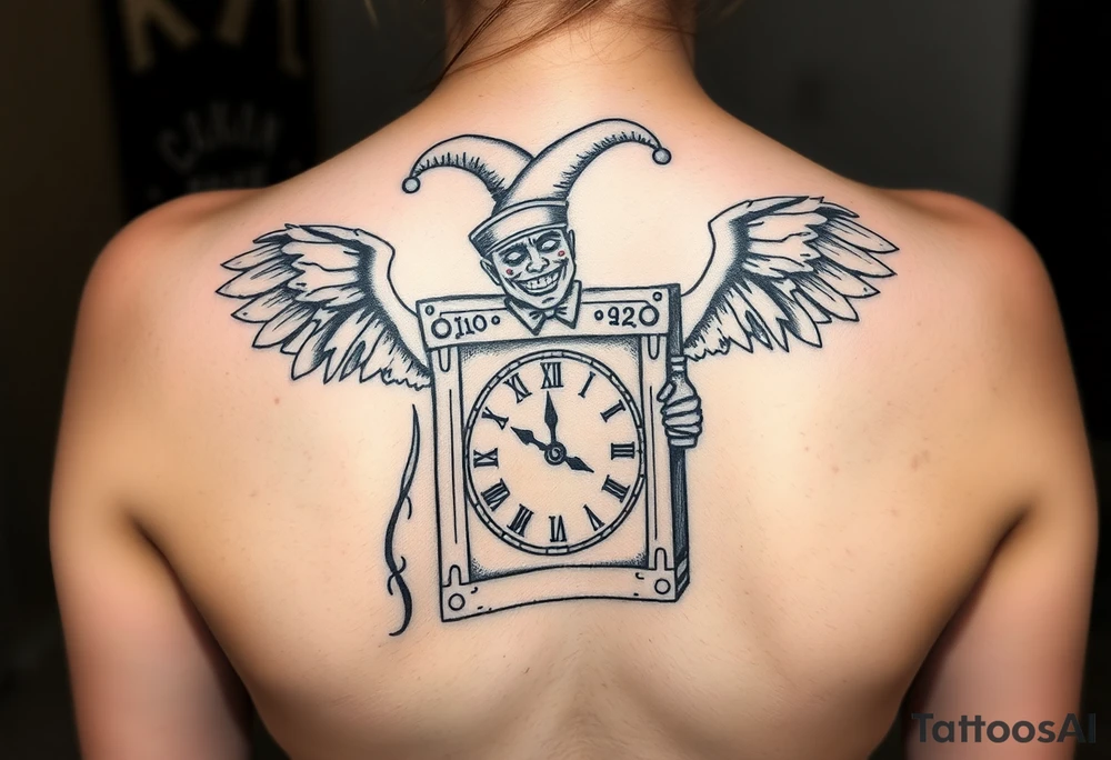 jack in the box
the box as a clock with the time 420
two open wings besides the clock
smoke as the spring rising from the clock
a jester clown coming out the smoke
smoking in one hand with a liquor bottle on the other hand tattoo idea