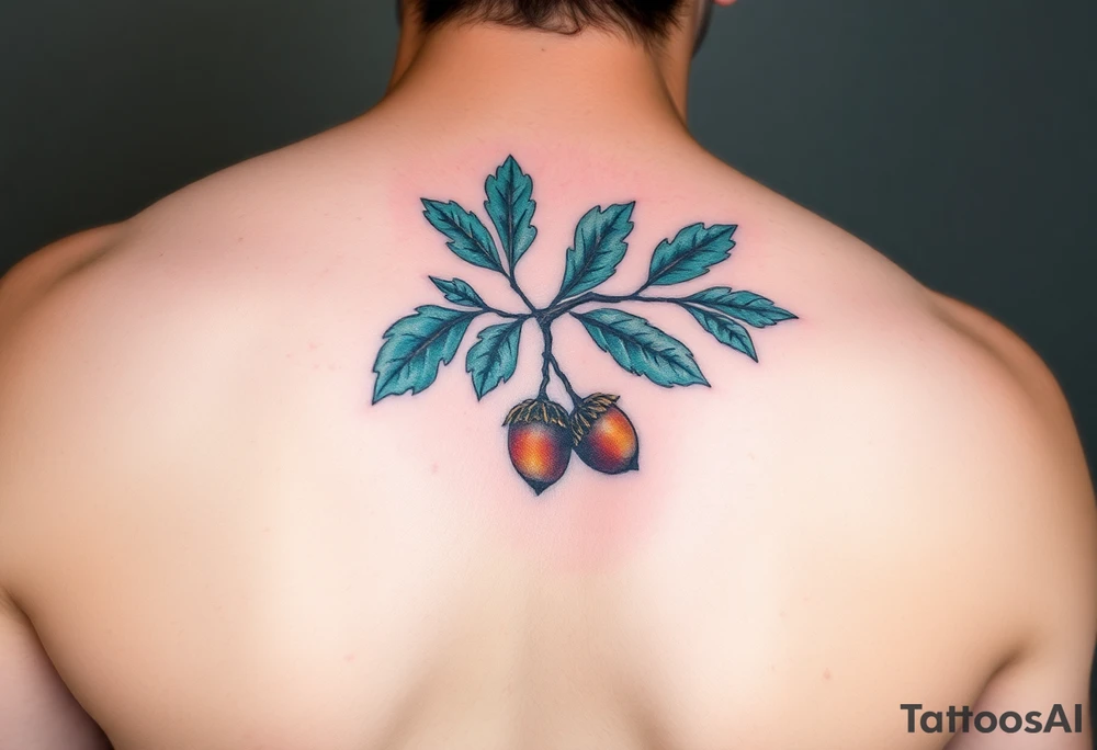 on the forearm an oak branch with thick leaves and acorns tattoo idea