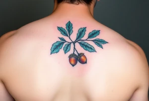 on the forearm an oak branch with thick leaves and acorns tattoo idea