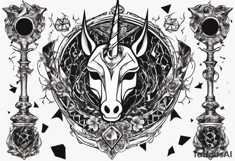 Shattered chalice surrounded by black jewels and a unicorn horn tattoo idea