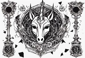 Shattered chalice surrounded by black jewels and a unicorn horn tattoo idea