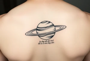 Minimalistic saturn planet, but instead of Saturn’s rings there is a text that says «La deg selv få lovt til å være deg selv» tattoo idea