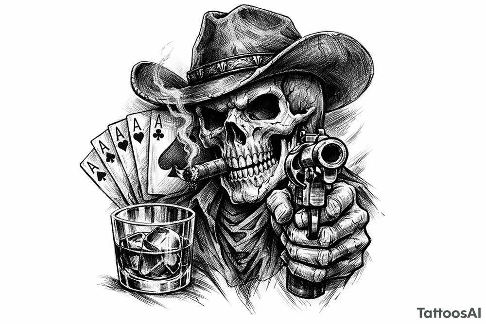 skull with cowboy-hat and cigar in his mouth,a gun in a hand,playing cards,whiskey-glass. tattoo idea