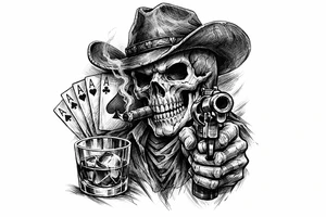 skull with cowboy-hat and cigar in his mouth,a gun in a hand,playing cards,whiskey-glass. tattoo idea