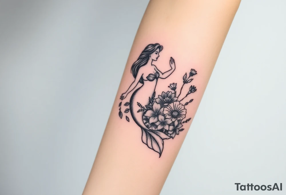 ethereal mermaid with flowing hair among coral and sea flowers tattoo idea