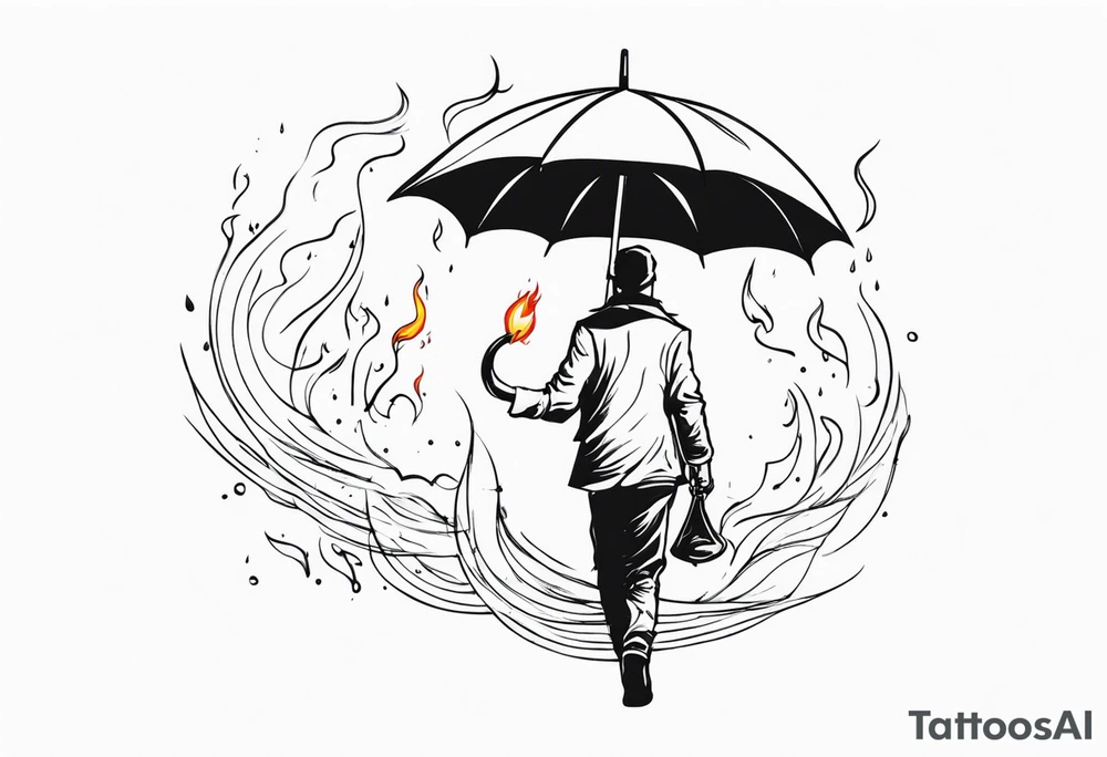 man with umbrella 
flaming arrows raining down from sky tattoo idea