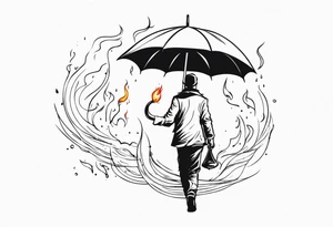 man with umbrella 
flaming arrows raining down from sky tattoo idea