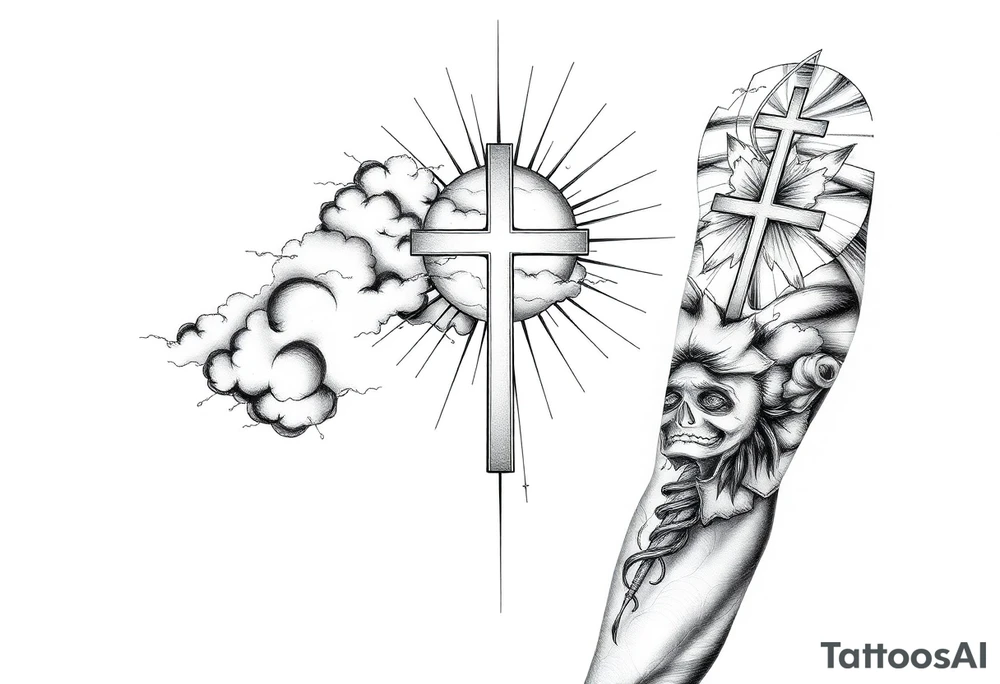 Half sleeve. powerful, cloud, cross, sun rays tattoo idea