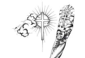 Half sleeve. powerful, cloud, cross, sun rays tattoo idea
