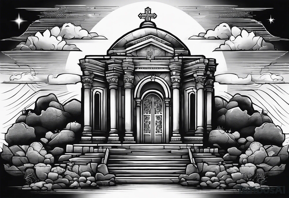Tomb with cross and sun in the background tattoo idea