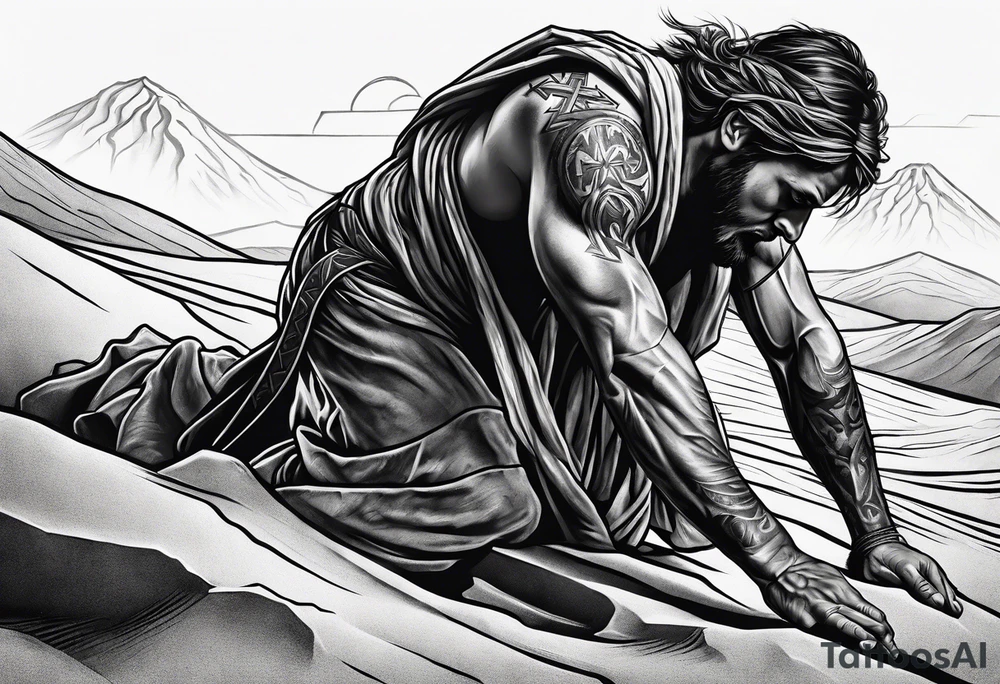 man crawling in a desert reaching to the cross of Christ tattoo idea
