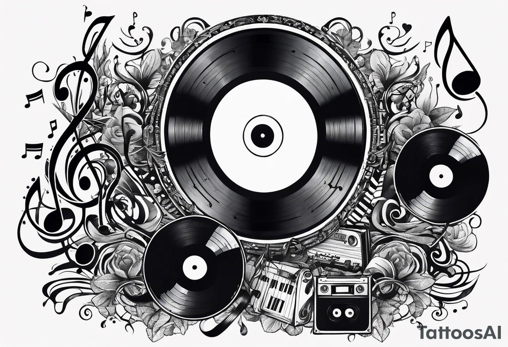music notes surrounded by a record, a cassette tape, and saxophone parts tattoo idea