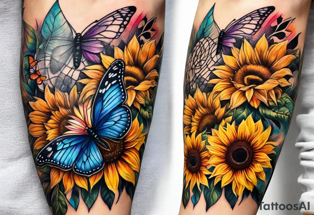 arm sleeve with dreamcatcher, rainbow sunflowers and one butterfly tattoo idea