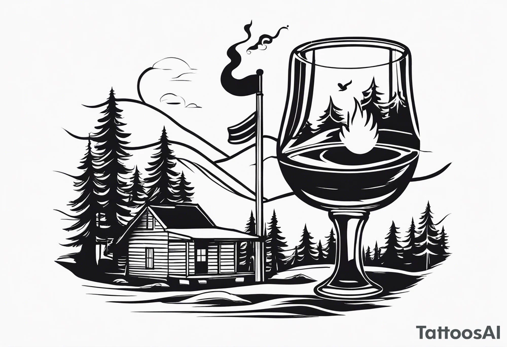 cross with whiskey glass, golf club, camp fire and cabin in the quandrants tattoo idea
